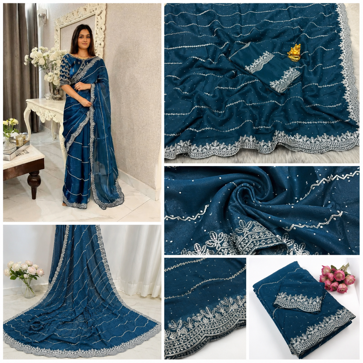 Lobby Arbus™️ Royal Teal Blue Silver Embroidered Designer Saree with free blouse