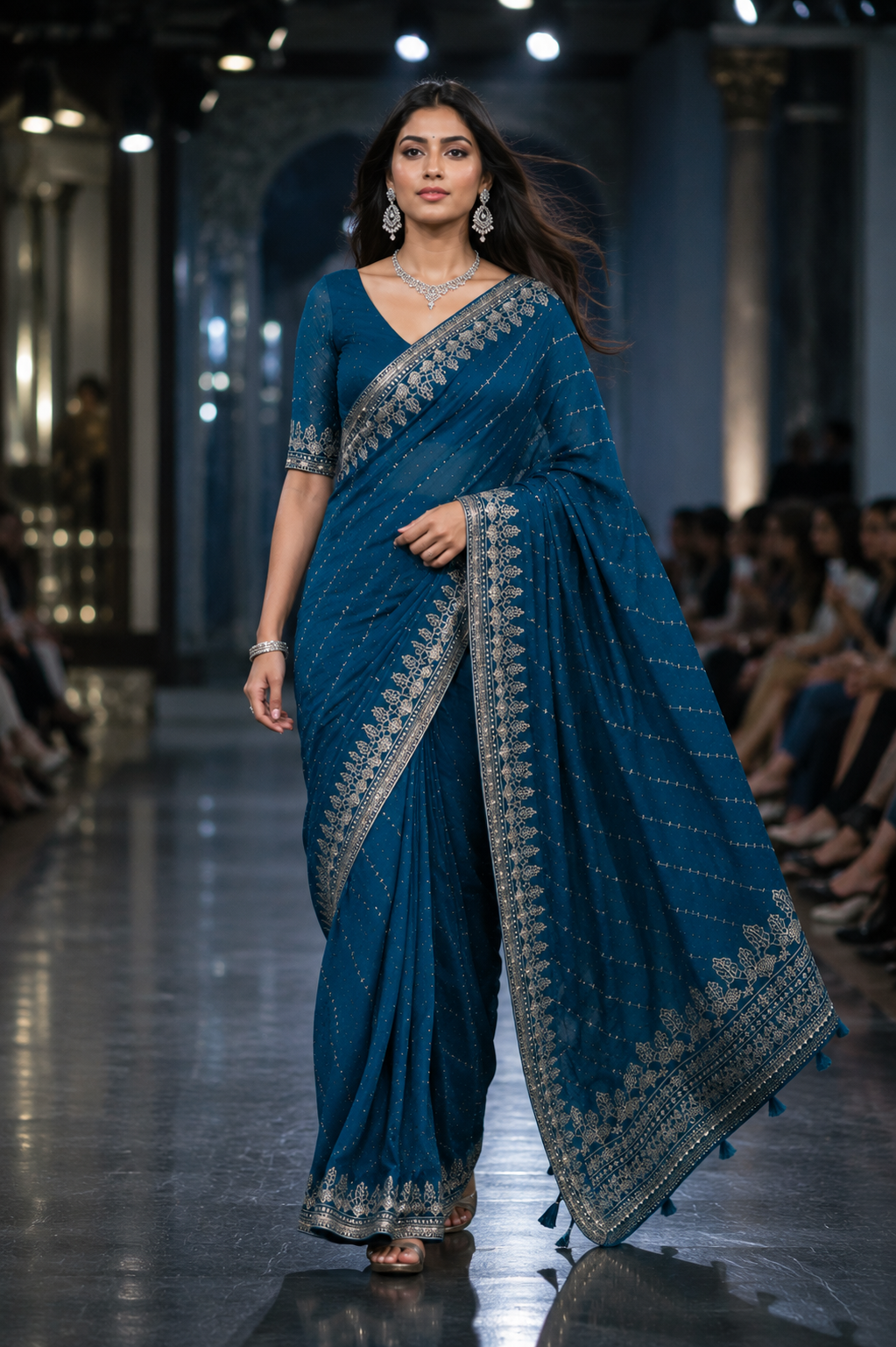 Lobby Arbus™️ Royal Teal Blue Silver Embroidered Designer Saree with free blouse
