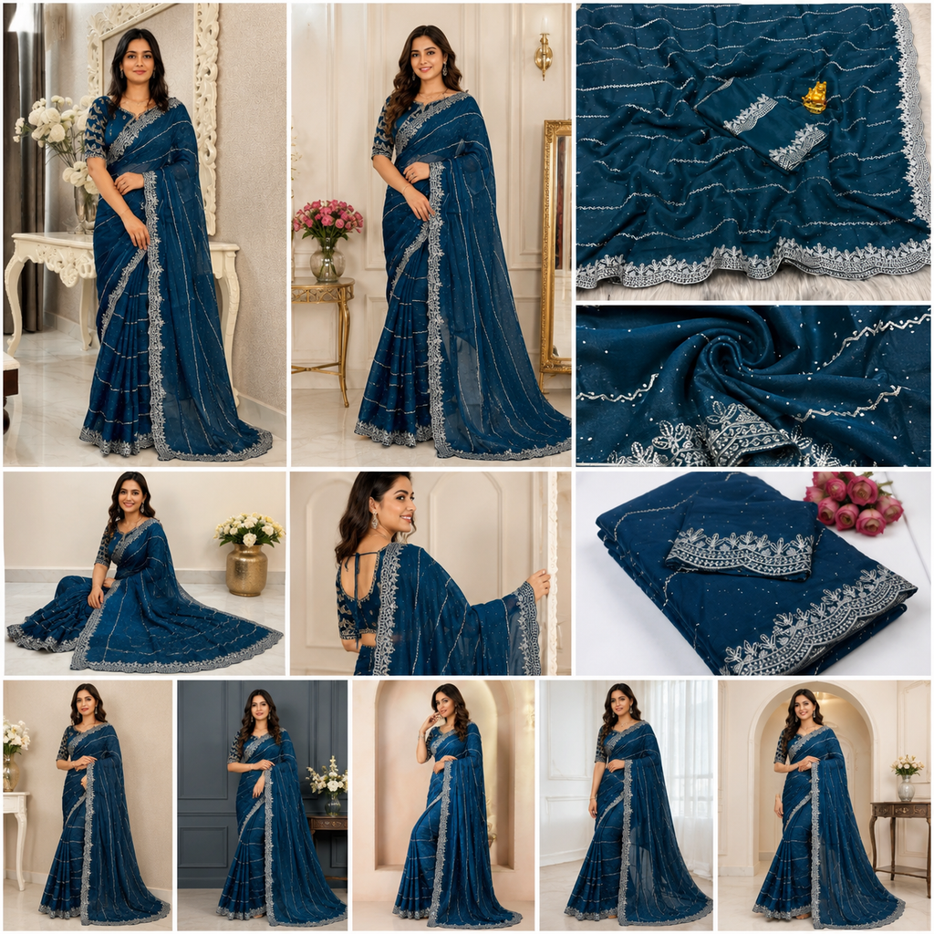 Lobby Arbus™️ Royal Teal Blue Silver Embroidered Designer Saree with free blouse
