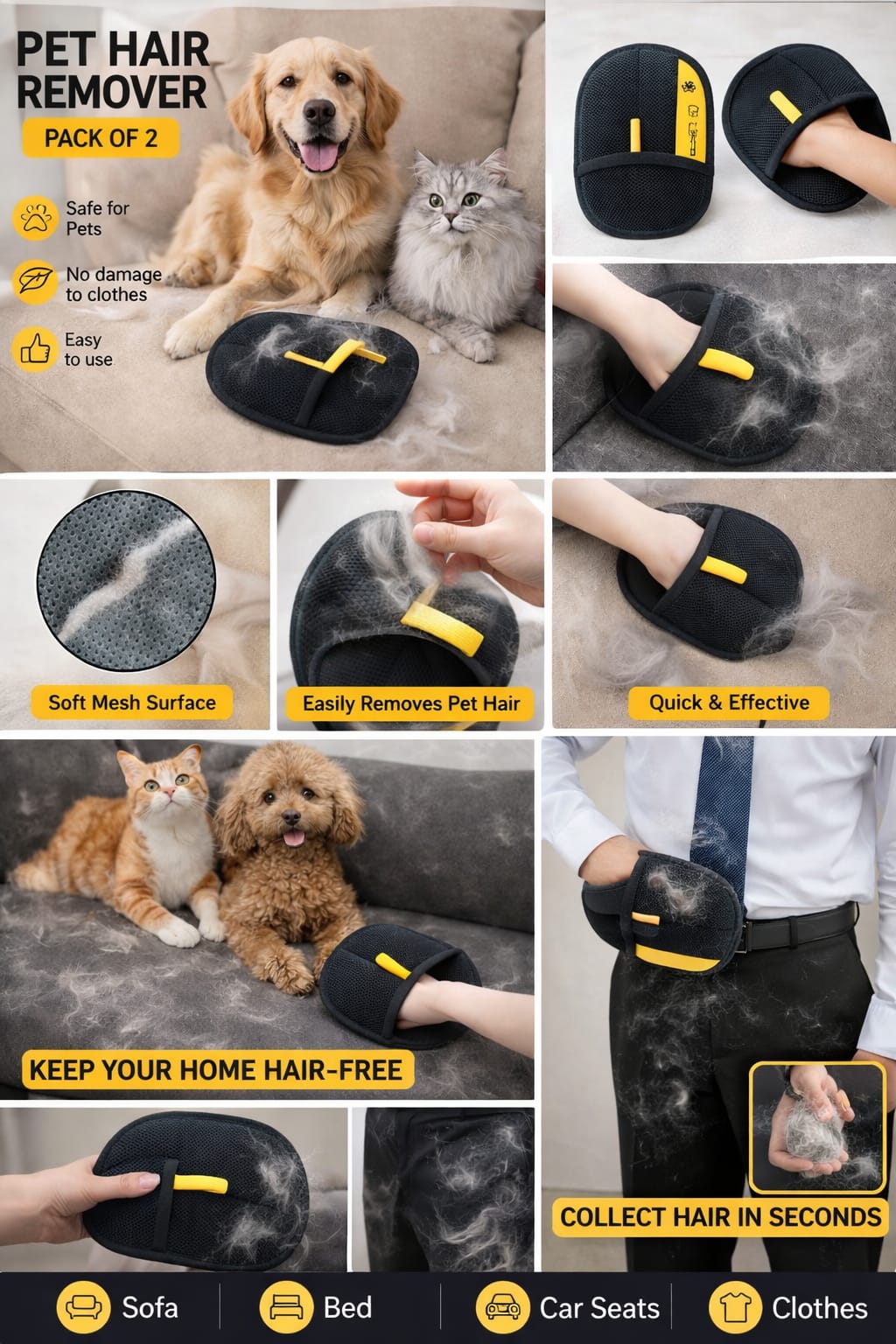 ProSweep™ Premium Reusable Pet Hair & Lint Remover Mitt For Clothes, Sofas & Furniture - Gentle Soft Mesh (Pack of 2)