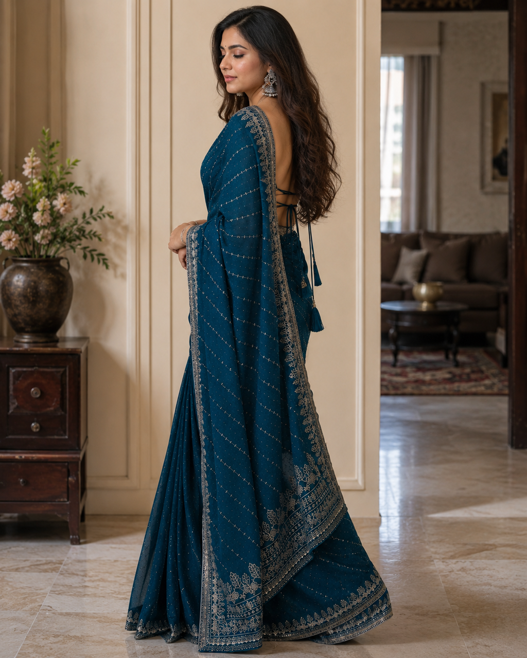 Lobby Arbus™️ Royal Teal Blue Silver Embroidered Designer Saree with free blouse