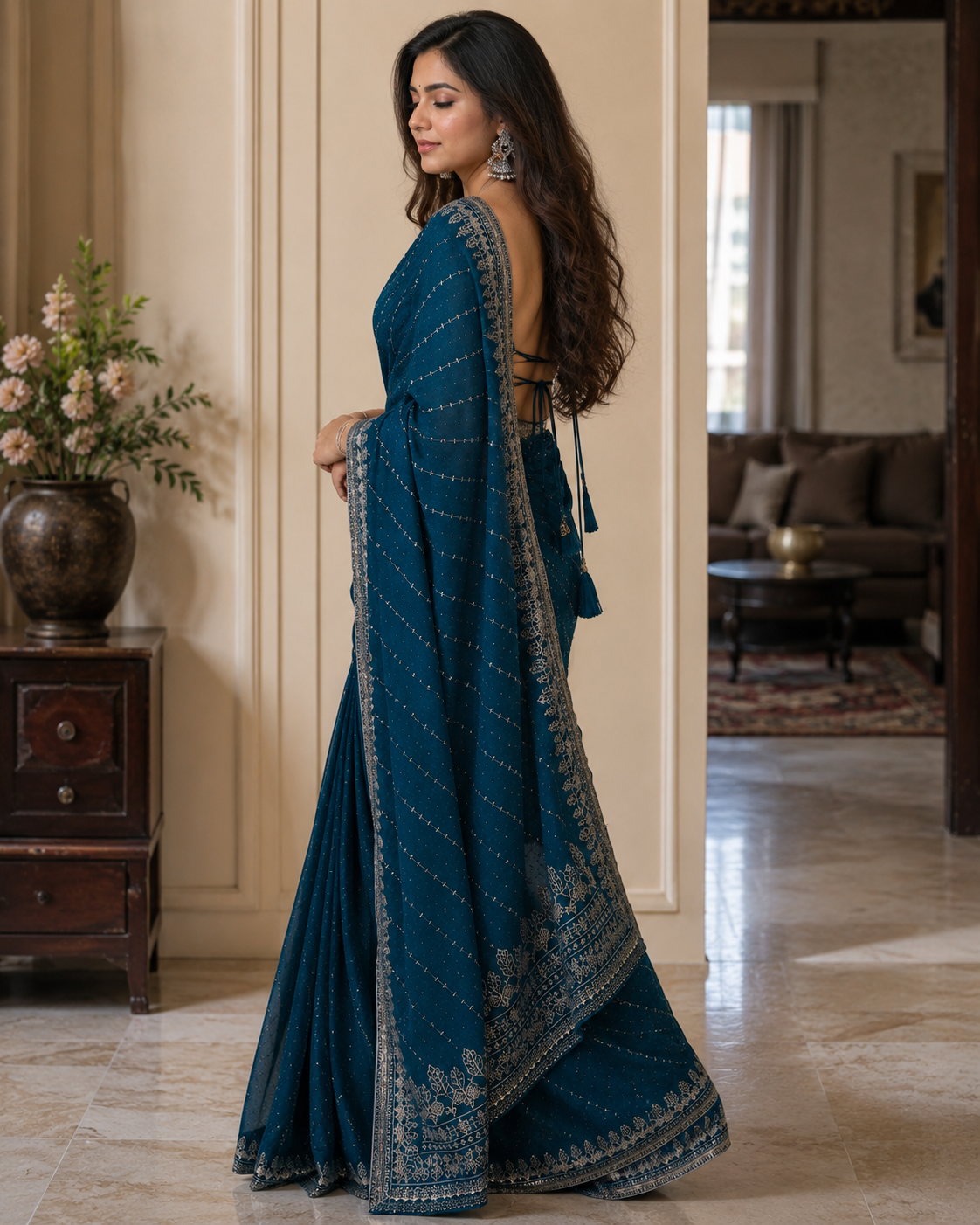 Lobby Arbus™️ Royal Teal Blue Silver Embroidered Designer Saree with free blouse