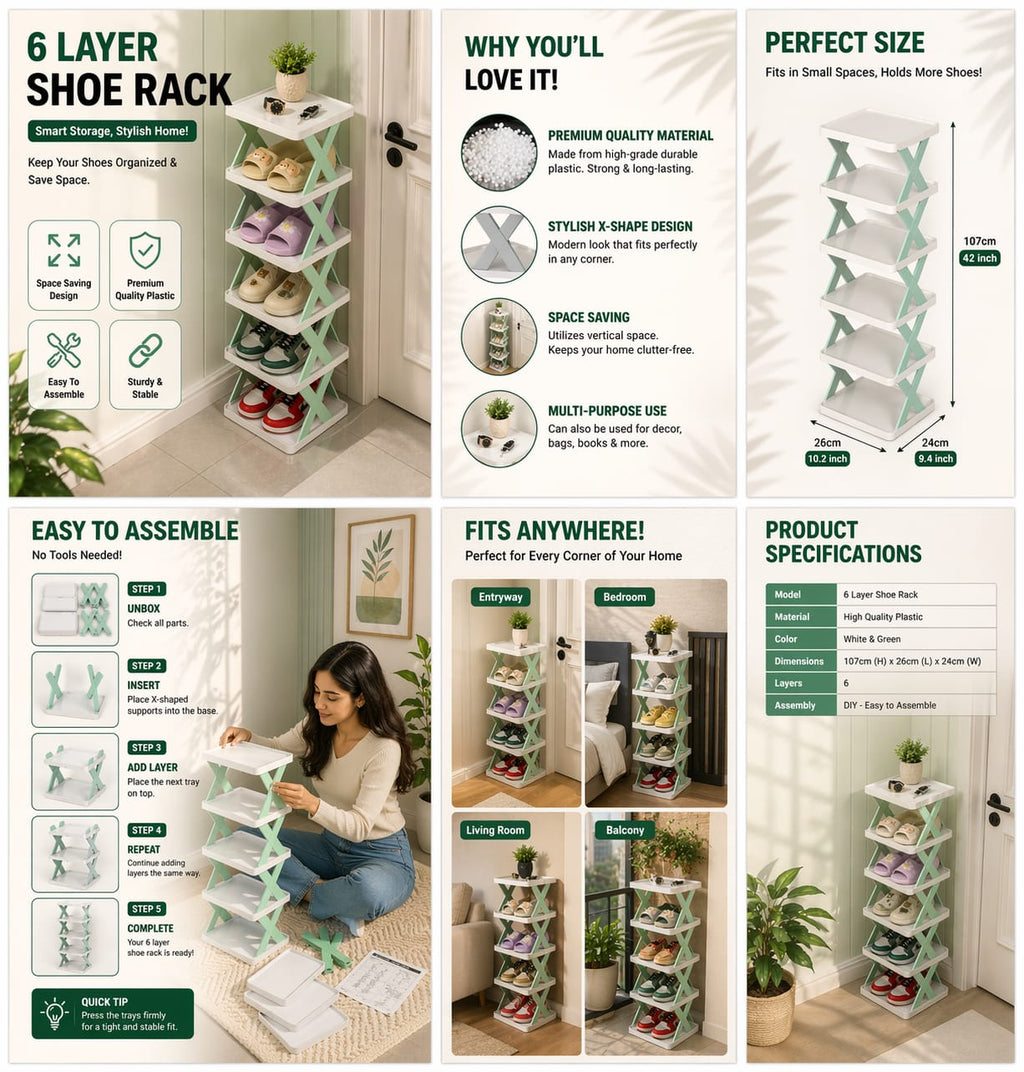 LuxeFold™ Premium 6-Tier Shoe Organizer | Space-Saving Minimalist Design | Instant Setup