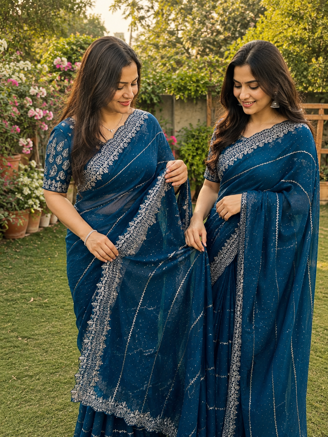 Lobby Arbus™️ Royal Teal Blue Silver Embroidered Designer Saree with free blouse