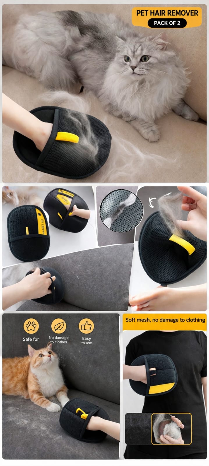 ProSweep™ Premium Reusable Pet Hair & Lint Remover Mitt For Clothes, Sofas & Furniture - Gentle Soft Mesh (Pack of 2)