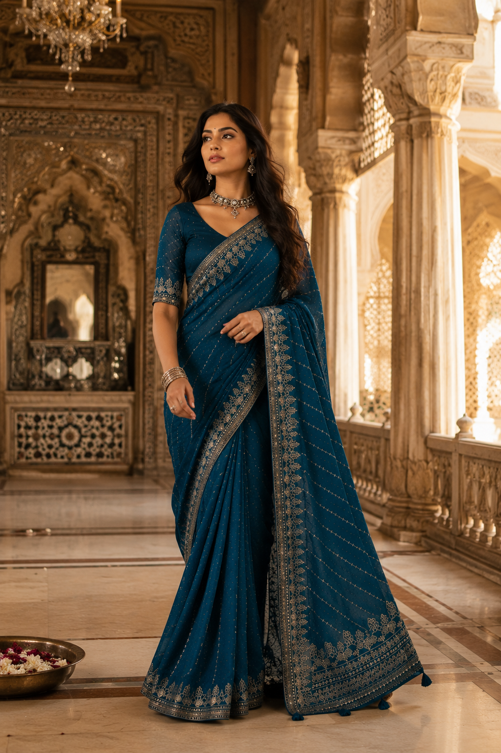 Lobby Arbus™️ Royal Teal Blue Silver Embroidered Designer Saree with free blouse