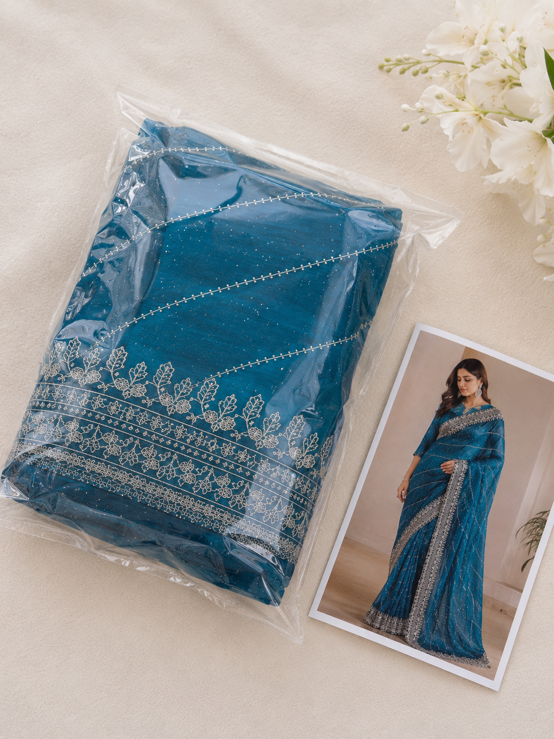 Lobby Arbus™️ Royal Teal Blue Silver Embroidered Designer Saree with free blouse